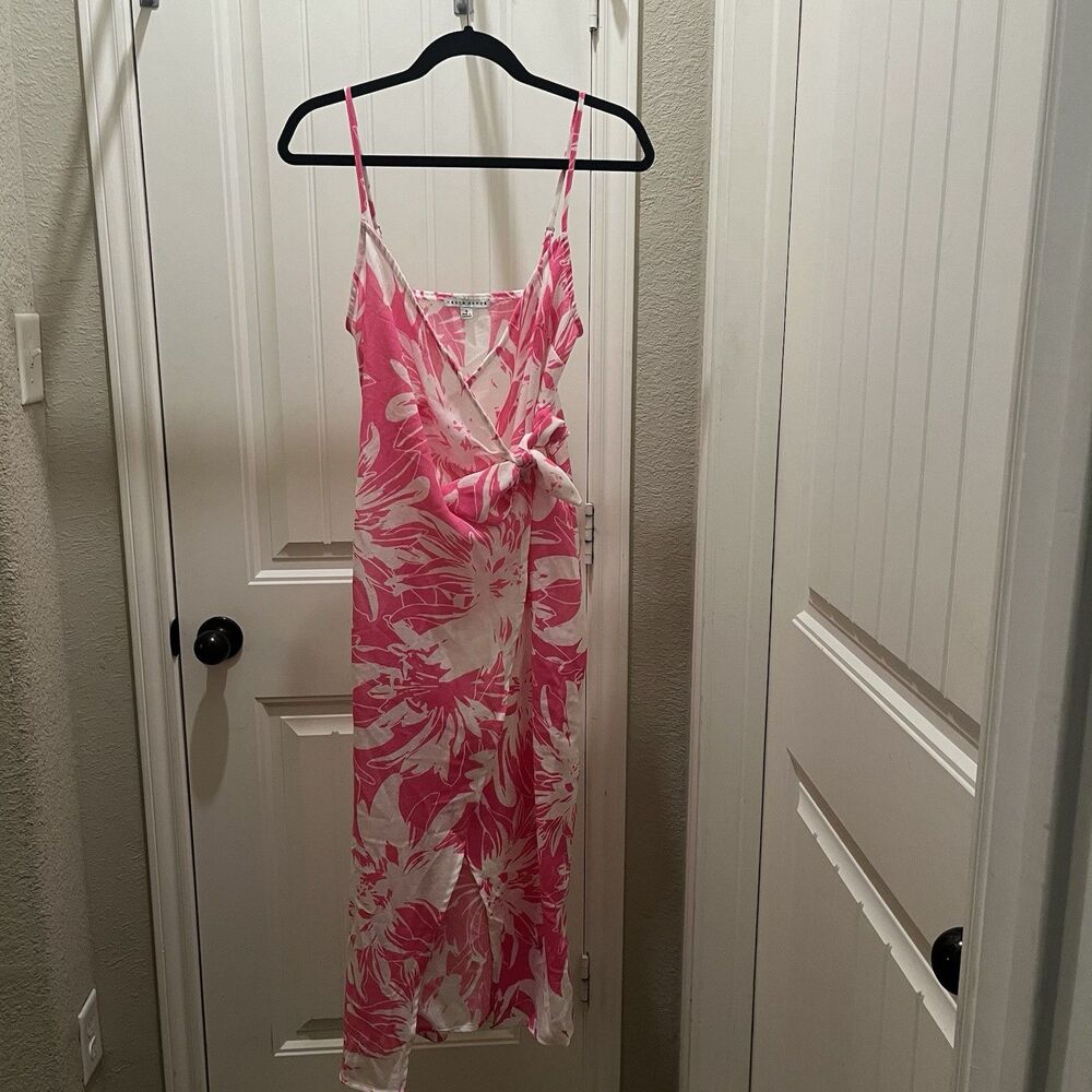 Haute Monde Hot Pink White Faux Wrap Tie Strappy Midi Hi Low Dress Womens Size S